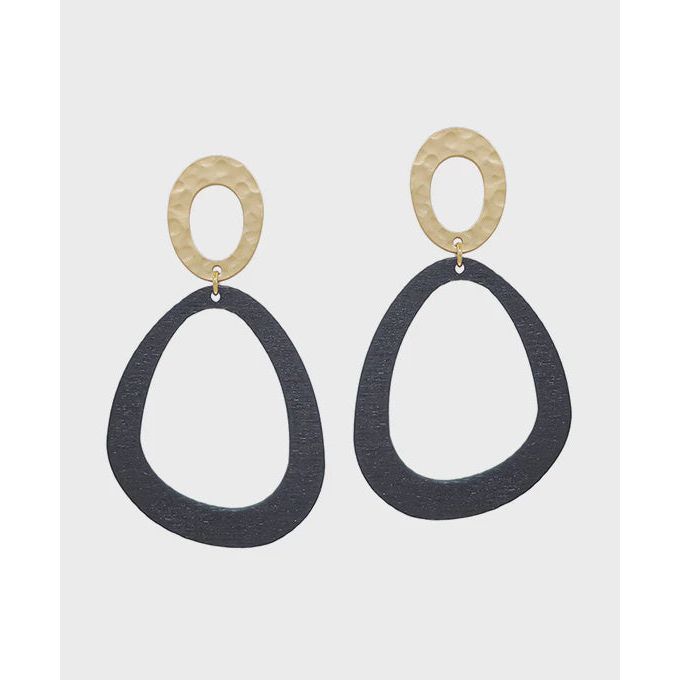 Oval Metal & Geo Wood Post Earrings - Black