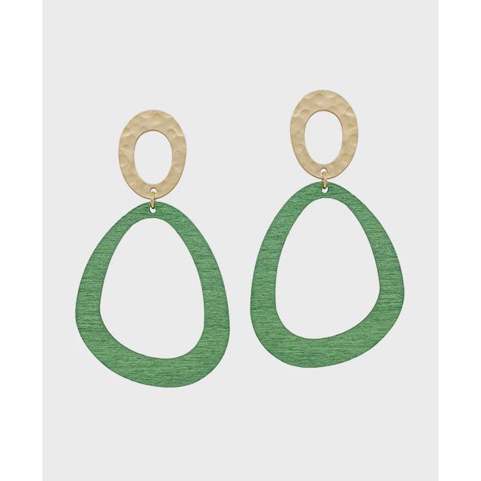 Oval Metal & Geo Wood Post Earrings - Green
