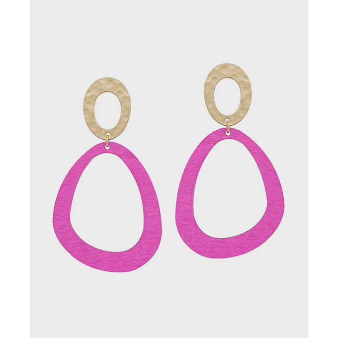 Oval Metal & Geo Wood Post Earrings - Hot Pink
