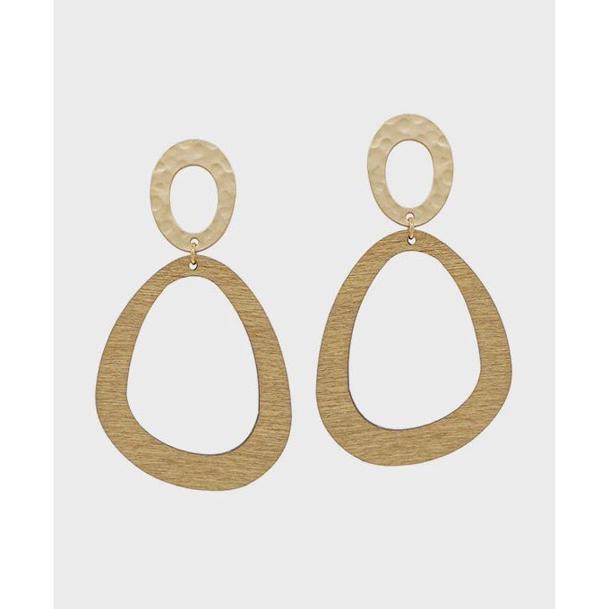 Oval Metal & Geo Wood Post Earrings - Light Brown