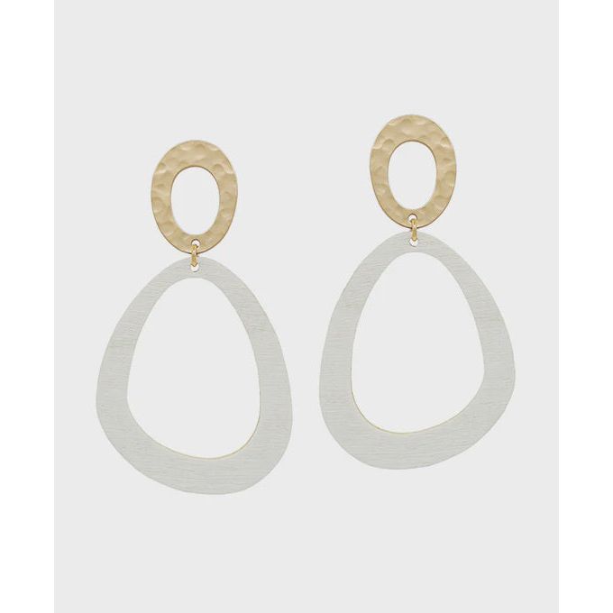 Oval Metal & Geo Wood Post Earrings - White
