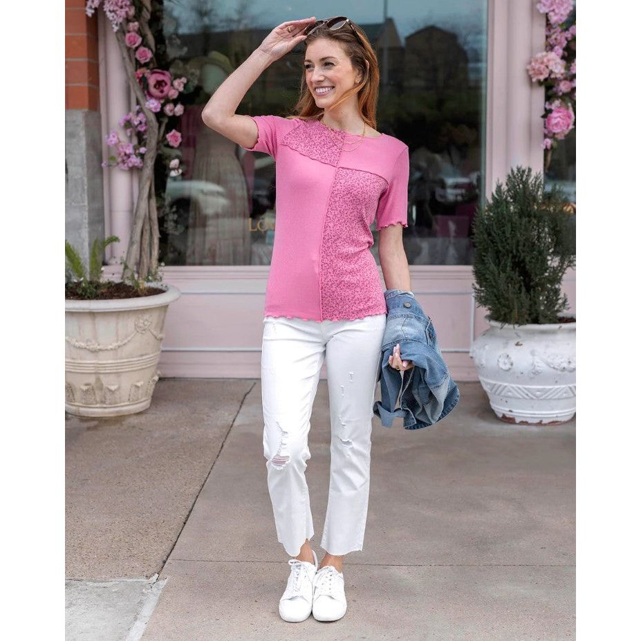 Grace and Lace Patched Ribbed Knit Tee - Pink