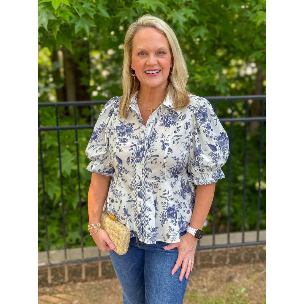 Tiana Short Puff Sleeve Floral Peplum Blouse - White/Denim Blue