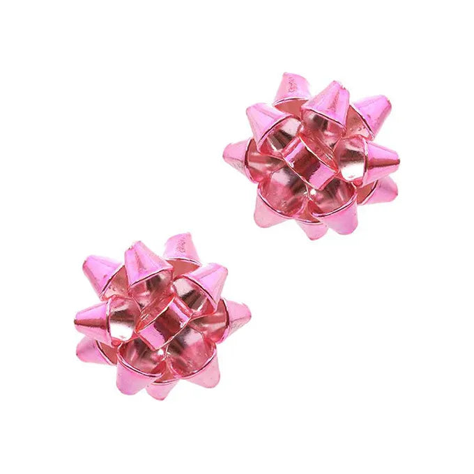 Small Metallic Present Bow Stud Earring - Pink