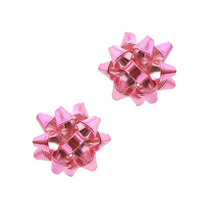 Small Metallic Present Bow Stud Earring - Pink