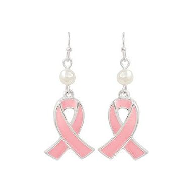 Pink Ribbon and Pearl Drop Earrings