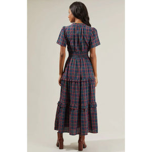 Miley Plaid Poplin Tiered Maxi Dress - Navy/Multi