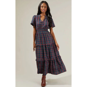 Miley Plaid Poplin Tiered Maxi Dress - Navy/Multi