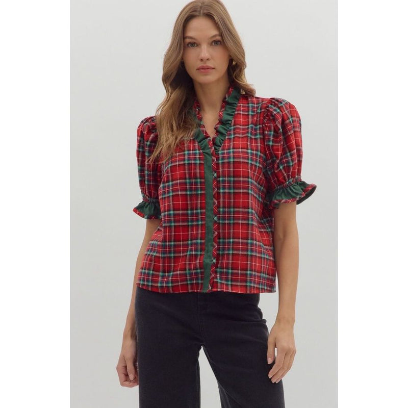 Natalie Holiday Plaid Short Puff Sleeve Top - Red