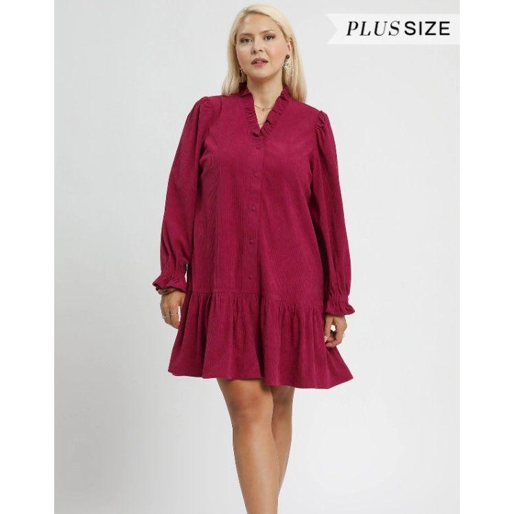 Carisse Plus Corduroy Ruffle Trim Dress - Raspberry