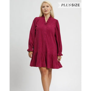 Carisse Plus Corduroy Ruffle Trim Dress - Raspberry