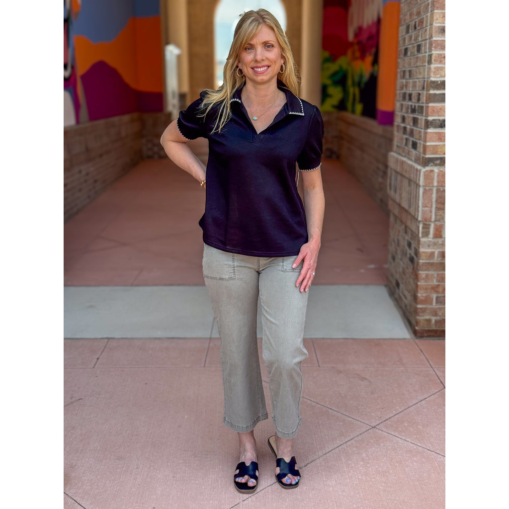 Shanelle Contrast Trim Polo Top - Black