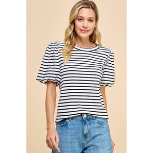 Asher Puffed Sleeve Striped Top - White/Black