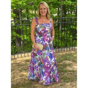 Evren Tropics Smocked Maxi Dress - Purple Floral