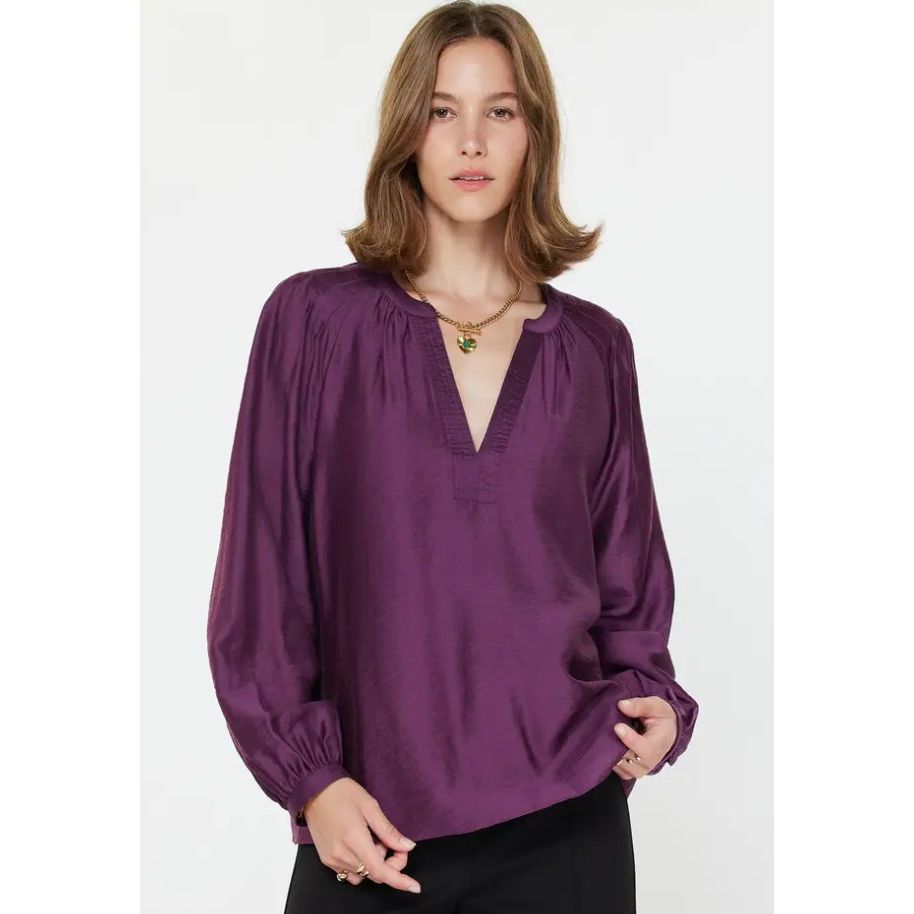 Randi Long Sleeve Split Neck Top - Boysenberry