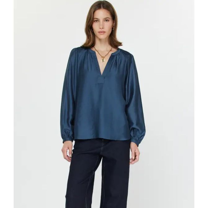 Randi Long Sleeve Split Neck Top - Sapphire Blue