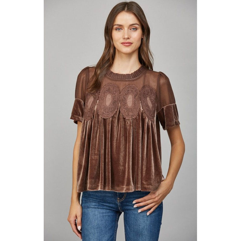 Reagan Lace Detail Velvet Babydoll Top - Chocolate Brown
