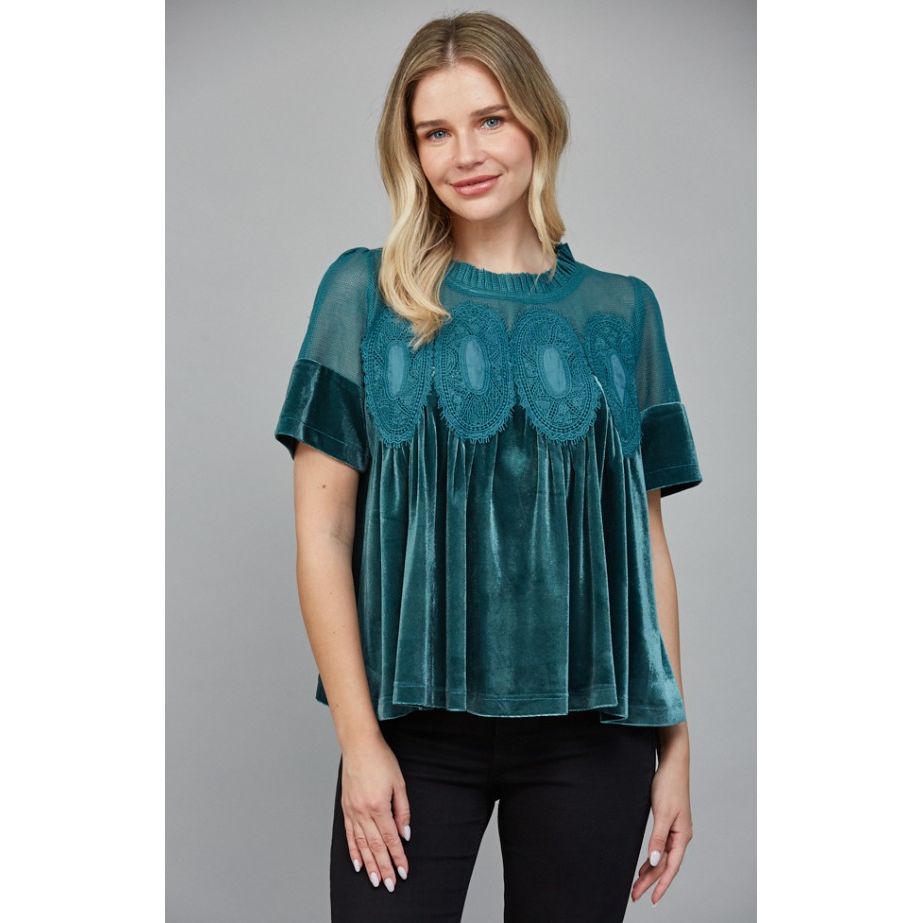 Reagan Lace Detail Velvet Babydoll Top - Teal Green