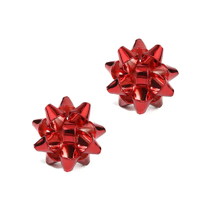 Small Metallic Present Bow Stud Earring - Red