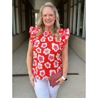 Amy Floral Ruffle Shoulder Top - Tomato Red