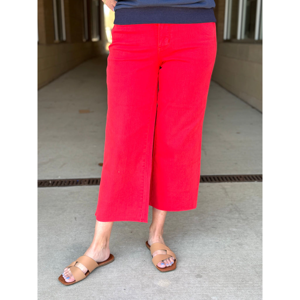 Judy Blue High Waisted Tummy Control Garment Dyed Wide Crop Jeans - Red