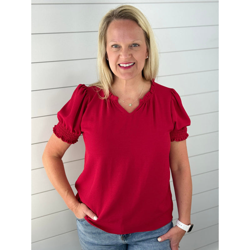 Evelyn Ruffled V-Neck Top - Red