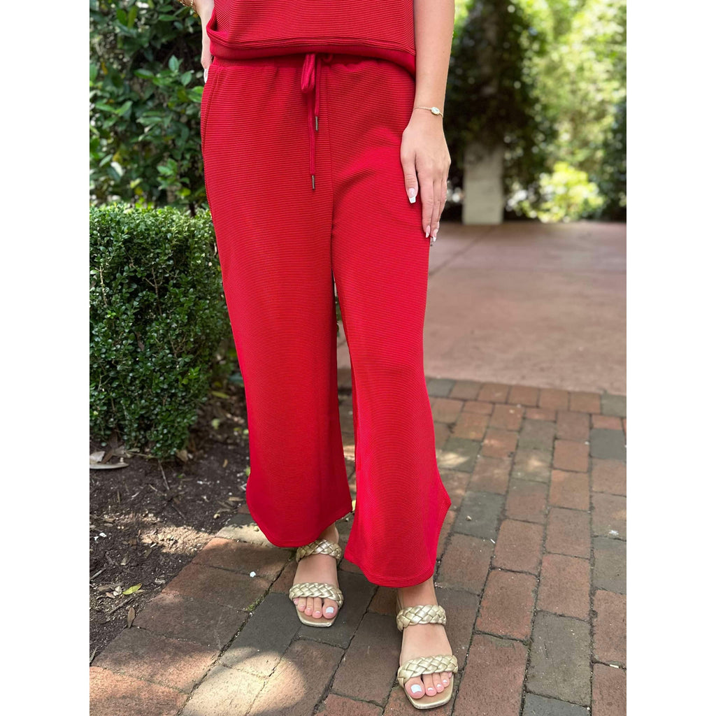 Chelsea Textured High-Waisted Wide Leg Pants - Red