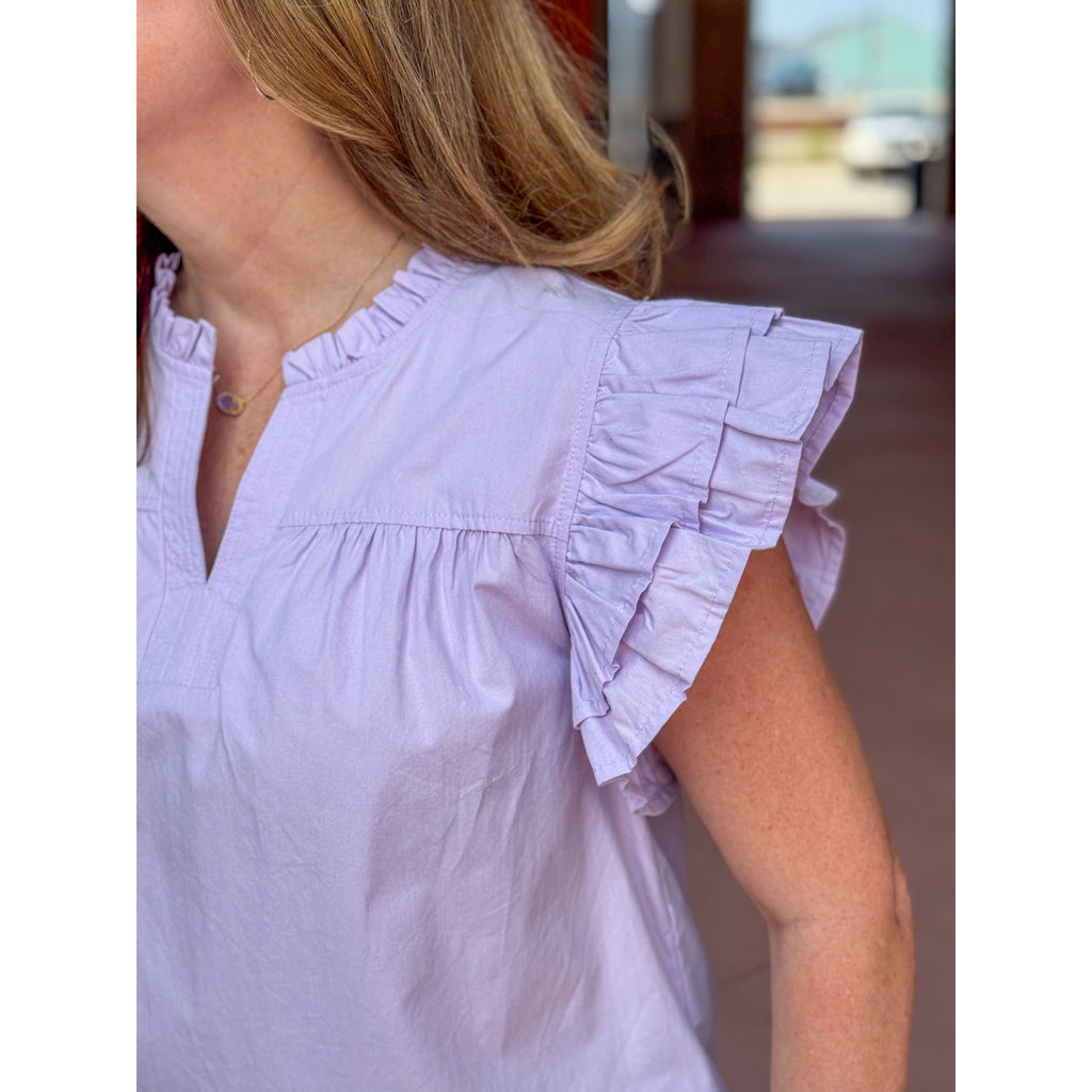 Renee Solid Top with Split Frilled Neck and Ruffly Sleeve - Lavender