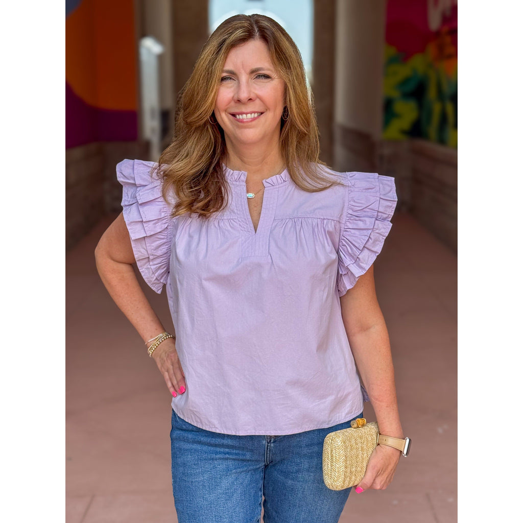 Renee Solid Top with Split Frilled Neck and Ruffly Sleeve - Lavender