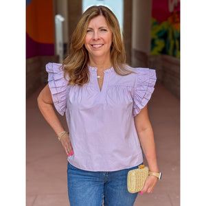 Renee Solid Top with Split Frilled Neck and Ruffly Sleeve - Lavender