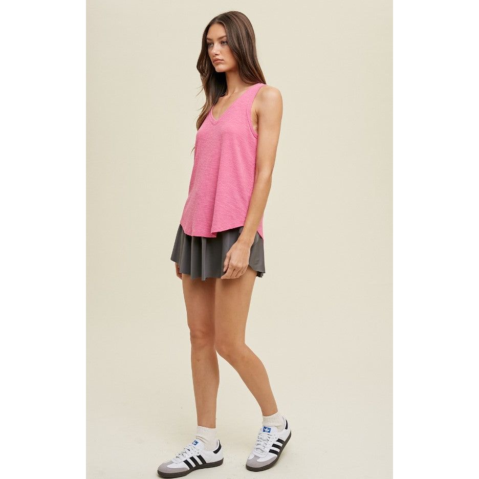 Lyla Ribbed V Neck Tank Top - Hibiscus Pink