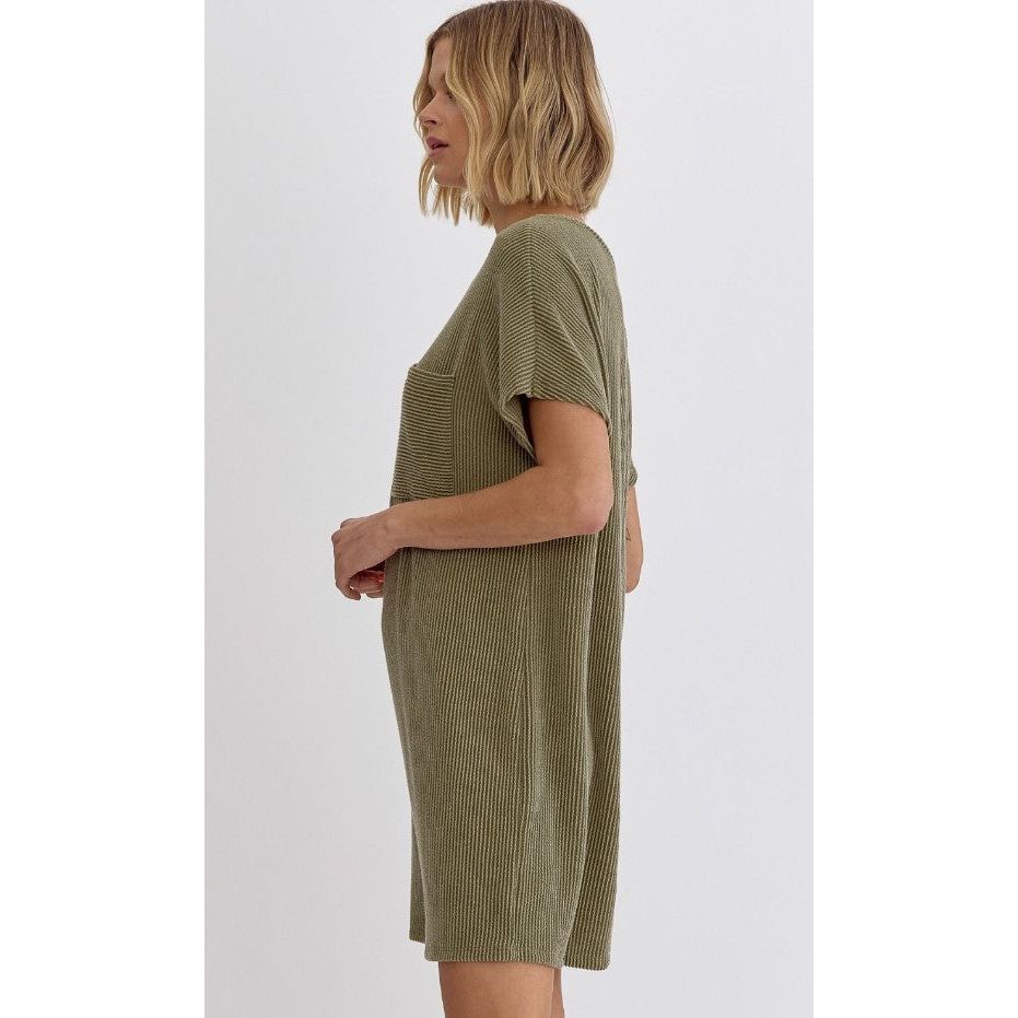 Aurora Ribbed Round Neck Dress - Army Green