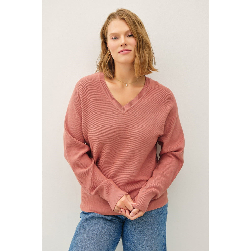 Meredith Ribbed V-Neck Oversized Sweater - Burnette