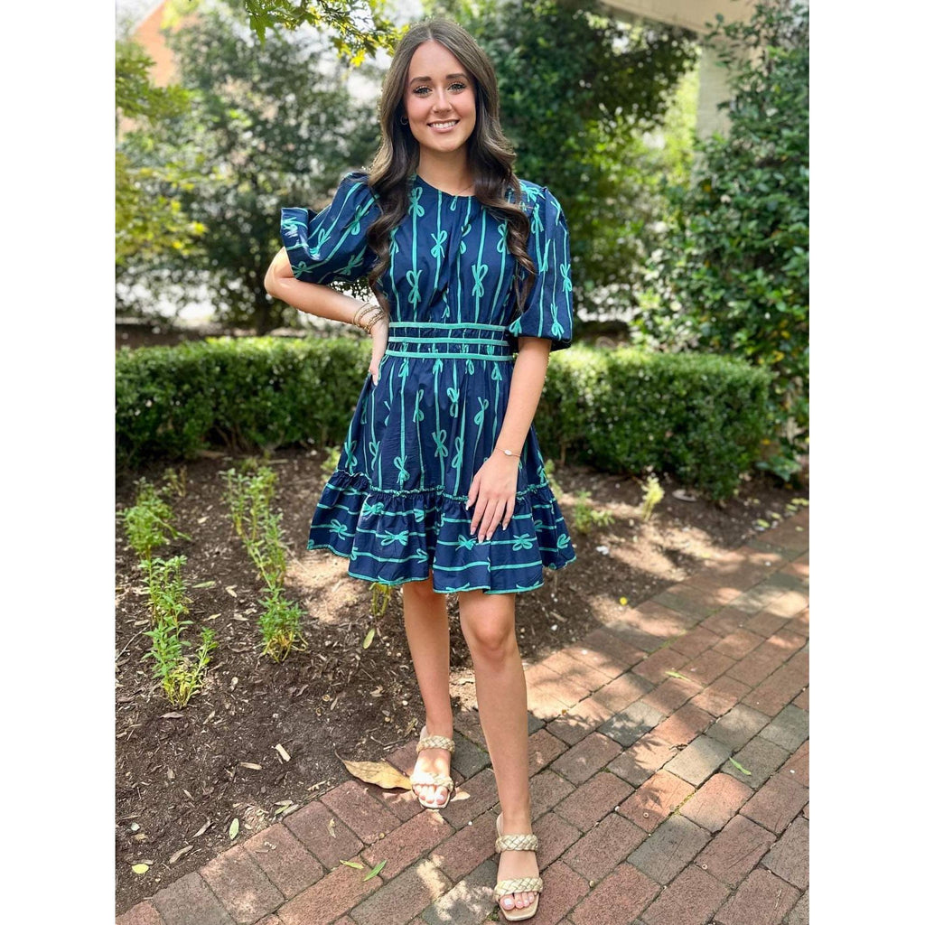 Carly Ribbon Print Dress - Navy/Green