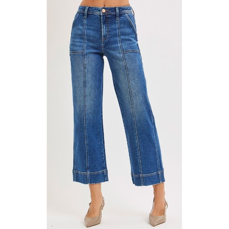 Risen High Rise Crop Straight Front Seam Jeans - Dark wash