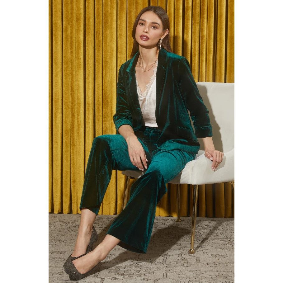 Harbor Ruched Sleeve Velvet Blazer - Hunter Green