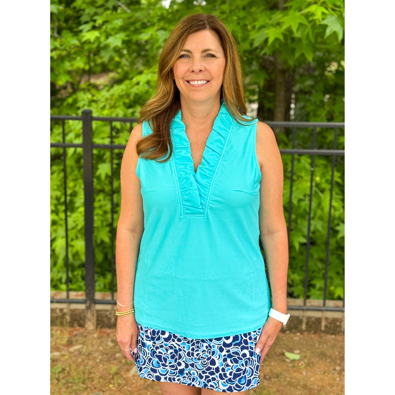 Evelyn Ruffle Neckline Sleeveless Top - Sky