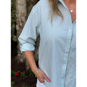 Callie Twin Stripe Button-Up Collar Shirt - Sage Stripe