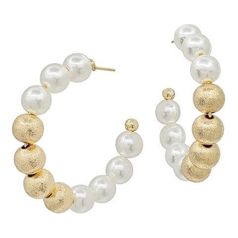 Satin Ball & Glass Pearl Hoop Earrings - Gold
