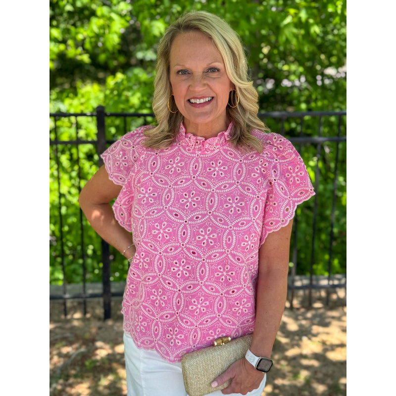 Cameron Embroidered Scallop Hem Top - Pink