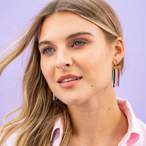 INK+ALLOY Scout Rectangle Hanger Solid Vertical Stripes Beaded Fringe Earrings St. Tropez