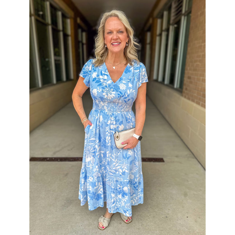 Seraphina Floral Smocked Maxi Dress - White/Blue/Multi