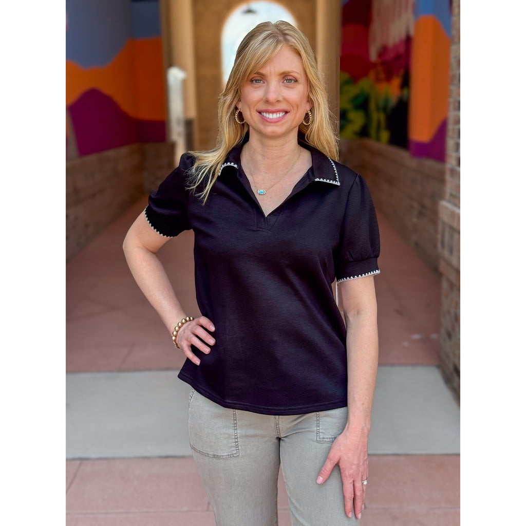 Shanelle Contrast Trim Polo Top - Black