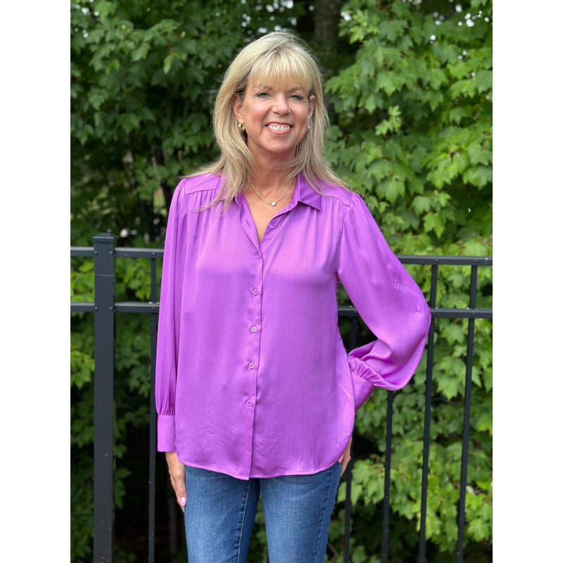 Shania Crinkle Satin Long Sleeve Button Up Blouse - Orchid