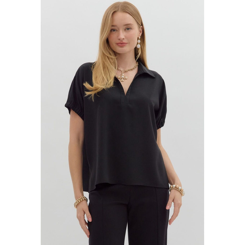 Keirsten Short Sleeve Split Collar Blouse - Black
