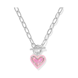 KENDRA SCOTT ARI HEART ENAMEL FRAME LINK AND CHAIN NECKLACE SILVER PINK IRIDESCENT GLITTER GLASS