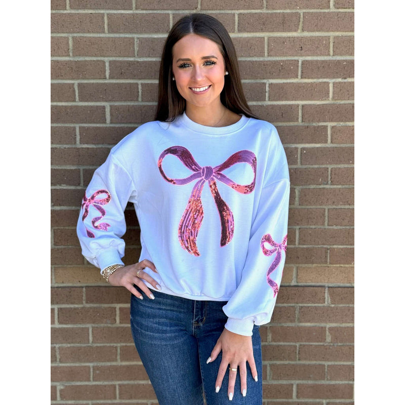 Simply Southern Crew Neck Sequin Bow Sweatshirt - White/Pink