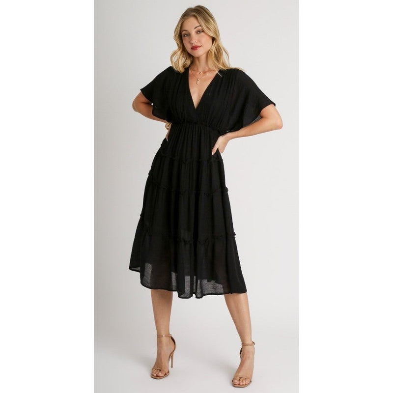 Daniella V-Neck Textured Tiered Midi Dress - Black