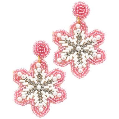 Beaded Snowflake Earrings - Pink/White