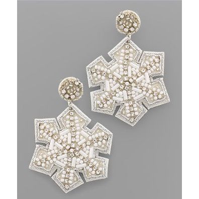 Beaded Snowflake Earrings - Silver/White